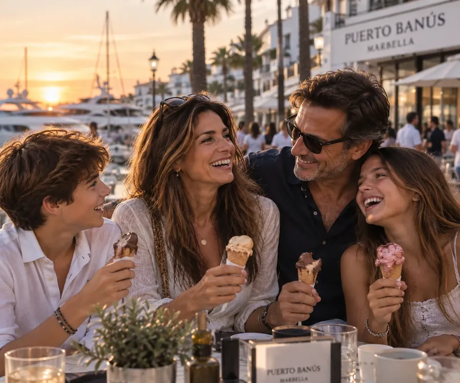 Mujer disfrutando feliz y tranquila con su familia en Puerto Banús