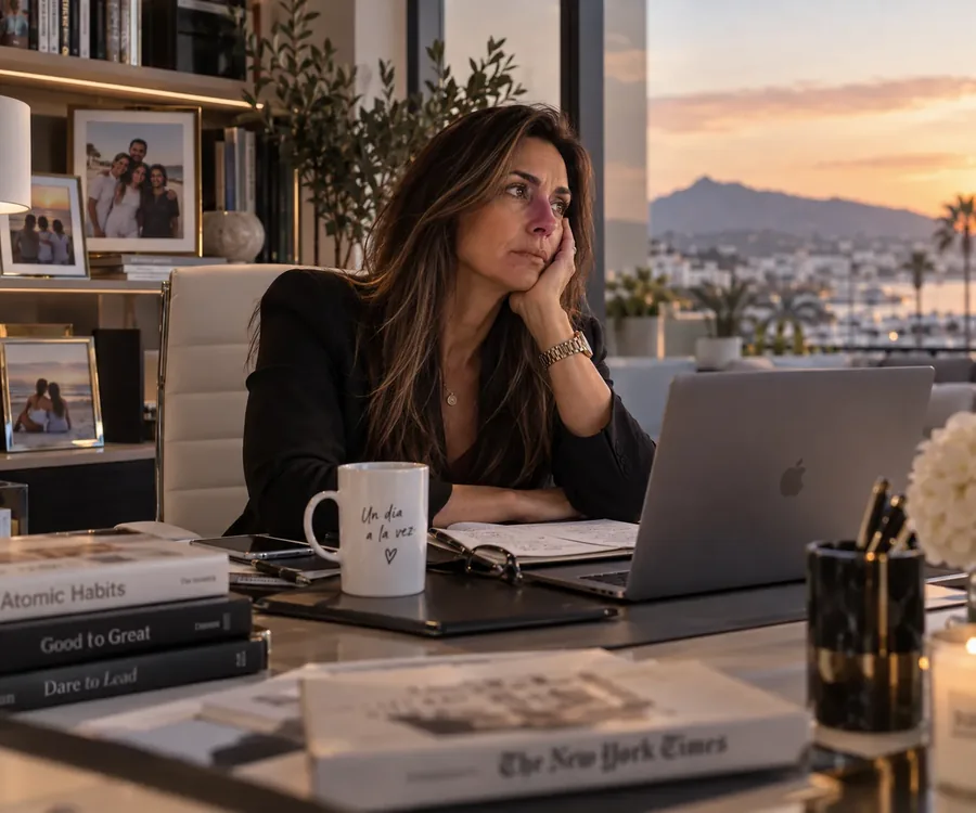 Mujer empresaria agotada mentalmente en su oficina